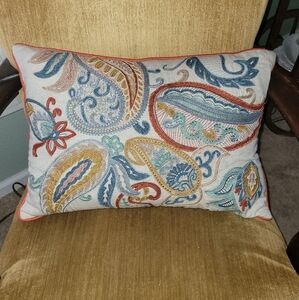 PIER 1  Embroidered Paisley Cream Blue Orange Gold Decorative Accent Pillow